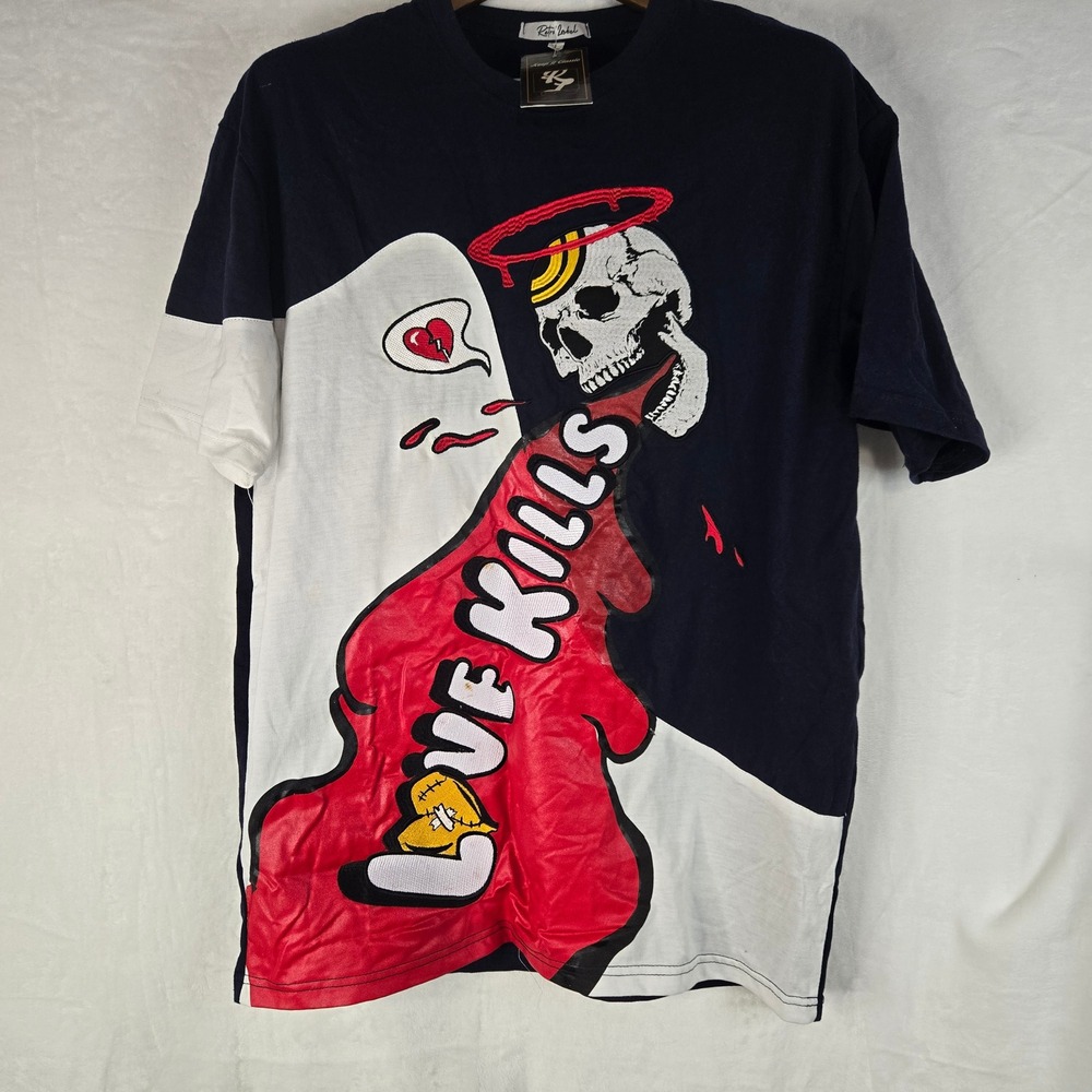 Retro Label Love Kills Skull Graphic T-Shirt Navy Red White Streetwear Large NWT